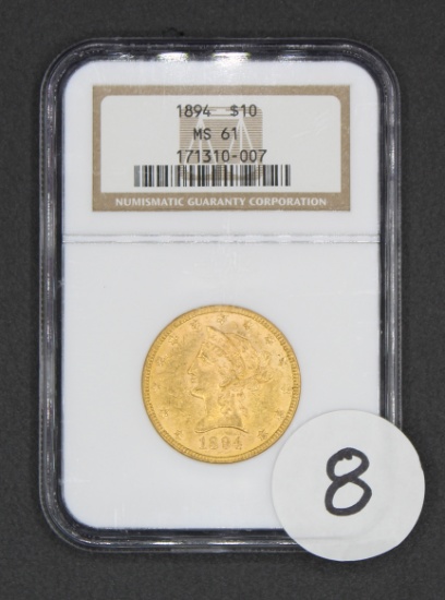 1894 $10 Liberty Head Eagle Gold Coin, NGC MS61