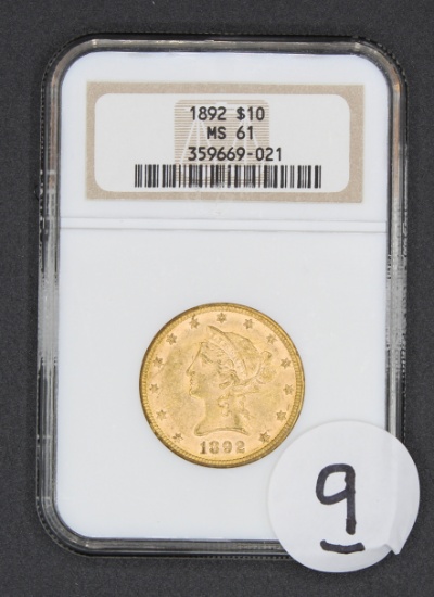 1892 $10 Liberty Head Eagle Gold Coin, NGC MS61