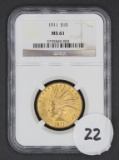 1911 $10 Indian Head Eagle Gold Coin, NGC MS61