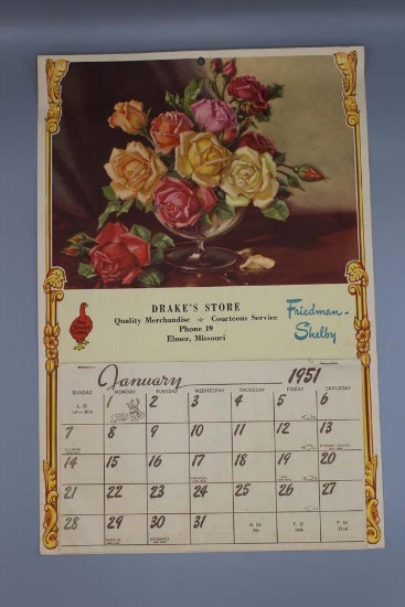 Calendar, 1951, Drake’s Store, Elmer, MO