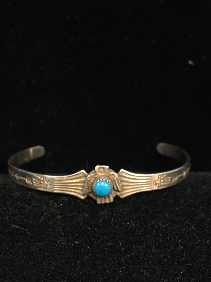 Hallmarked Sterling Silver & Turquoise Peyote Bird Cuff Bracelet