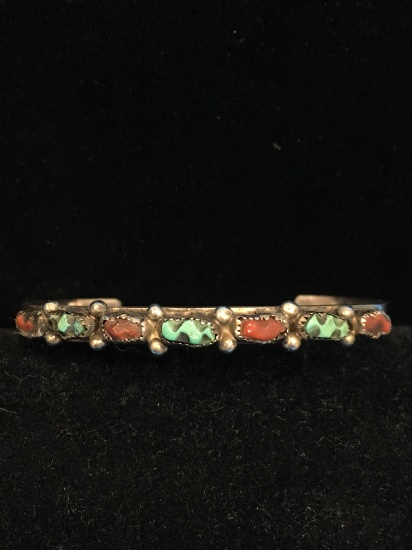 Old Pawn Native American Sterling Silver Cuff Bracelet W/ Carved Turquoise & Red Coral
