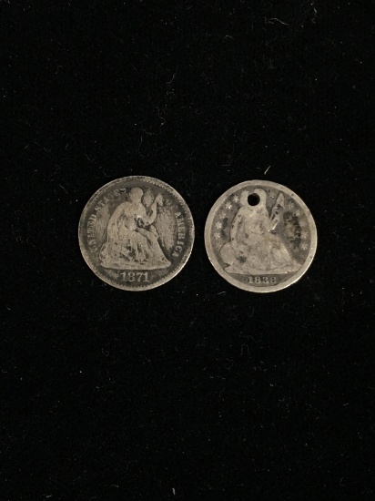 2 United States Seated Liberty Silver Dimes - 1838 & 1871