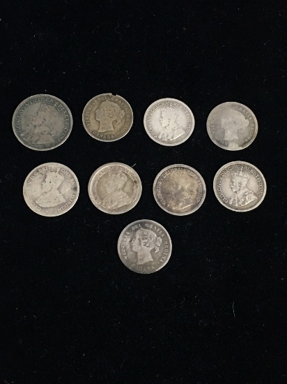 Lot of 7 Five Cent Canadian Silver Coins (1898-1920) & 1 1920 Canadian Silver Dime