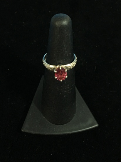 Textured Sterling Silver Ring W/ Pink Gemstone - Size 5.5