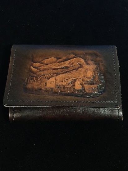 Vintage Hammered Leather Train Design Tri-Fold Brown Wallet