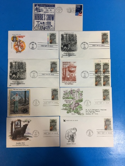7 Count Lot Vintage First Day Issue Stamps - All Smokey Bear Forrest Fires Themed