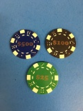 3 Count Set Lot of Official World Series of Poker Tournament Chips - 25, 100, 500