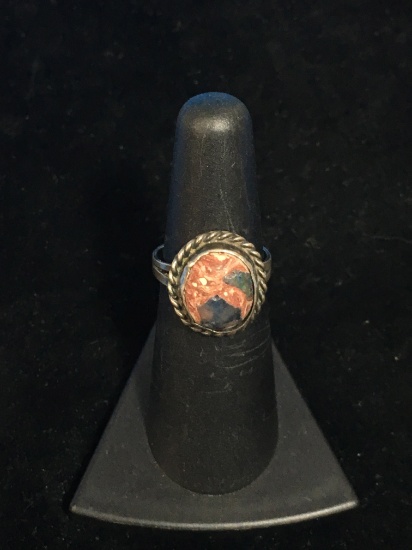 Old Pawn Taxco Sterling Silver & Opal in Agate Ring - Size 6