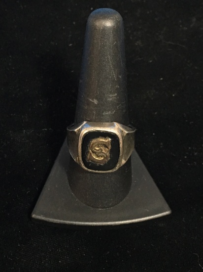 Sterling Silver & Onyx Initial "S" Vintage Ring - Size 10