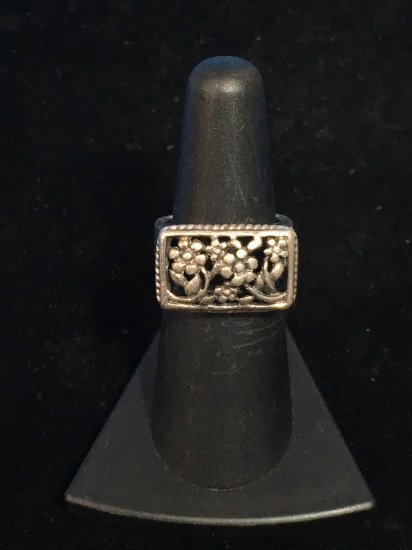 Bali Style Scroll Sterling Silver Floral Ring - Size 6.5