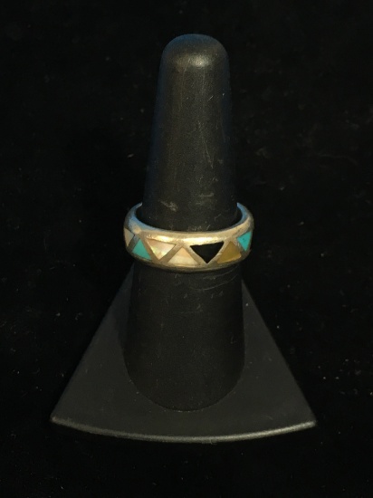 Old Pawn Native American Sterling Silver & Multi Stone Inlay Ring Band - Size 7.75