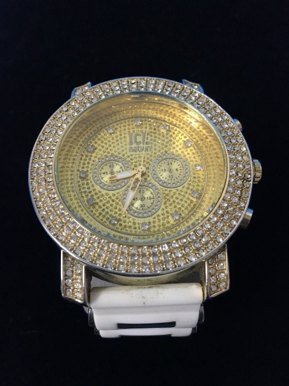 Ice Nation Gold and White Tone Blinged Out Men's Watch with White Band - RUNNING