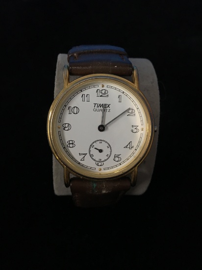 Timex Quartz Gold Tone with White Face Watch with Brown Leather Band