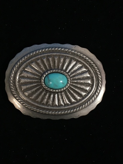 Vintage Native Style Hammered Pewter with Turquoise Stone Belt Buckle