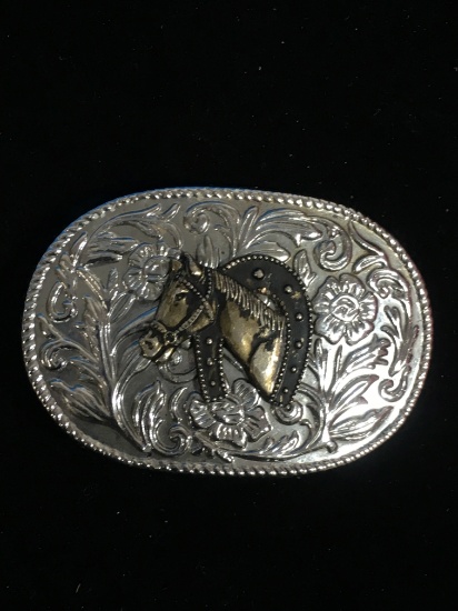 Brass Horse & Horseshoe Mounted on Silver Embossed Background Belt Buckle
