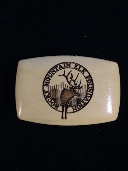 Wood Engraved Rocky Mountain Elk Foundatin Belt Buckle