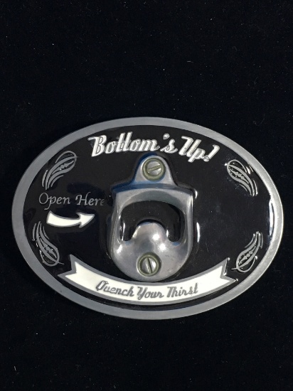 Bottom's Up Silver Tone & Black Enamel Belt Buckle with Bottle Opener