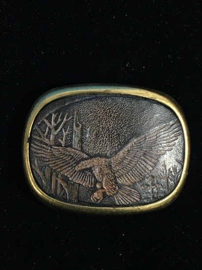 Vintage Hammered Leather and Brass Soaring Eagle Belt Buckle