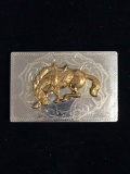 Laying Down Gold Tone Horse on Silver Tone Etched Background Belt Buckle