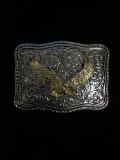 Gold Tone Flying Eagle on Etched Silver Tone Background Belt Buckle