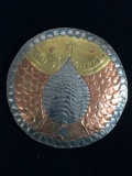 Large Hammered Tin Gold Brass and Silver Tone Fish Belt Buckle 5 Inch Diameter