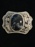 Vintage Native American Style Silver Tone Belt Buckle with Large Black Earth Stone