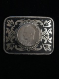 Western Style Belt Buckle with 1971 Eisenhower Dollar in Middle Silver Tone