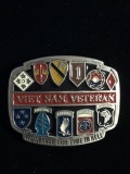 Vietnam Veteran Silver Tone & Enamel Belt Buckle - We Served Our Time In Hell