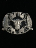 1994 Siskiyou Bull Skull with Eagles Native American Design Silver Tone Belt Buckle