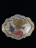 Crumrine Silver and Gold Tone American Eagle with Flag Heavy Silver Plate Belt Buckle