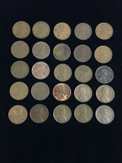 25 Count Lot of United States Lincoln Cent Wheat Pennies - Unresearched