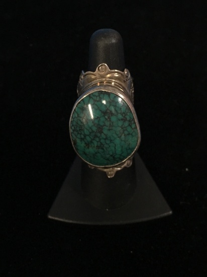 Large Old Pawn Native American Sterling Silver & 1" Turquoise Stone Ring - Size 8