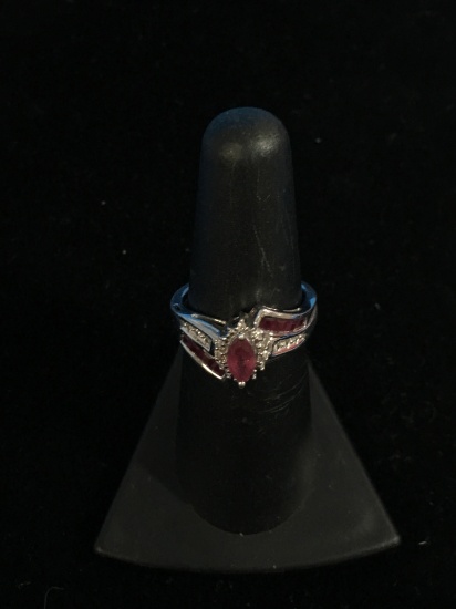 PM Sterling Silver Ring W/ Diamond & Rubies - Size 6