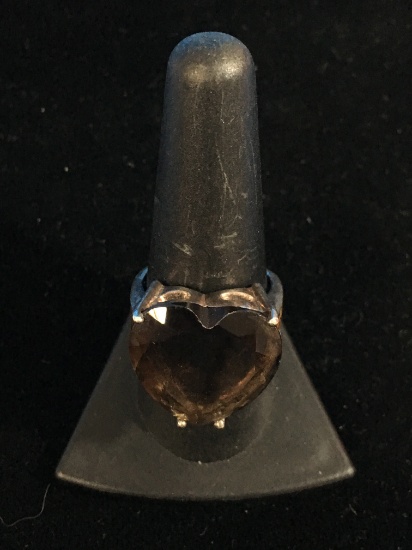 Large Heart Shaped Smoky Quartz Ring W/ Cheatah Print Sides - Size 9