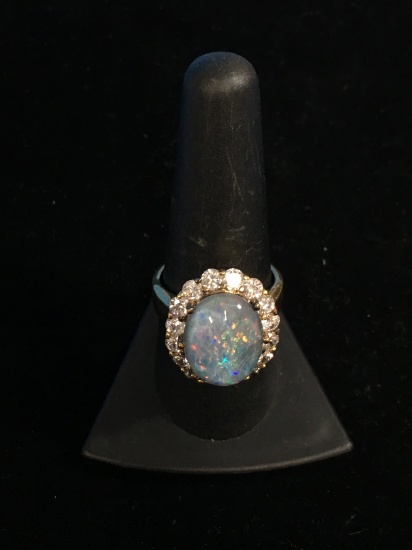 Synthetic Fire Opal & White Gemstone Sterling Silver Ring - Size 8.75