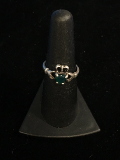 Vintage Sterling Silver Claddagh Ring W/ Green Onyx - Size 6.5