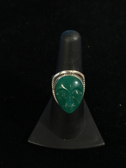 Carved Green Onyx Face Sterling Silver Ring - Size 7