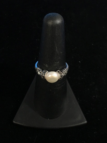 Pearl & Marcasite Sterling Silver Ring - Size 6.5