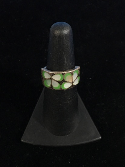 Vintage Sterling Silver Ring W/ Green Enamel & Mother of Pearl Inlay - Size 5.75