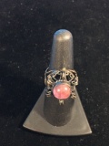 Ornate Taxco Sterling Silver & Pink Cabachon Tall Ring - Size 7