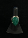 Carved Green Onyx Face Sterling Silver Ring - Size 7