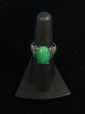 Green Jade & Marcasite Vintage Sterling Silver Ring - Size 5.5