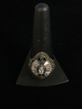 Stunning Sterling Silver Tall Cocktail Ring W/ White Gemstones & Marcasite - Size 11.75