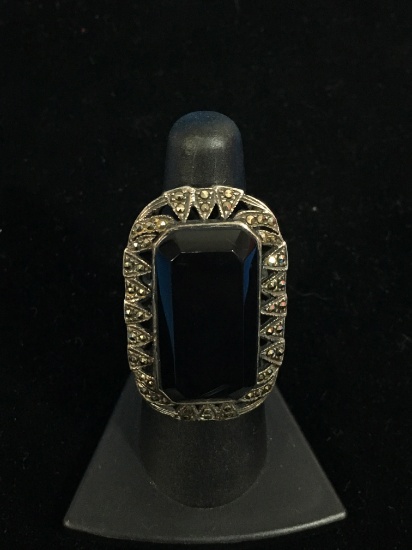 1.5" Tall Sterling Silver Statement Ring W/ Onyx & Marcasite - Size 6.75