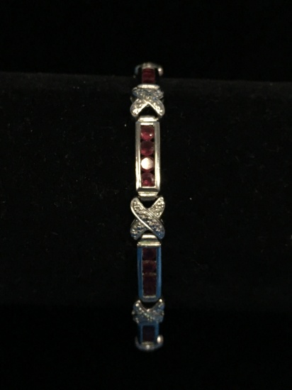 Gorgeous Diamond & Ruby Sterling Silver 7.25" Tennis Bracelet