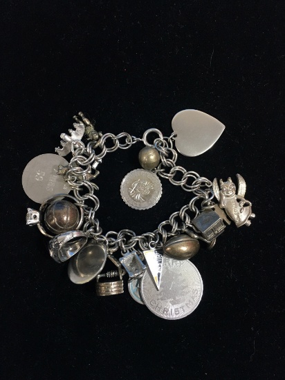 7" Loaded Sterling Silver Charm Bracelet - 21 Charms - 60 Grams