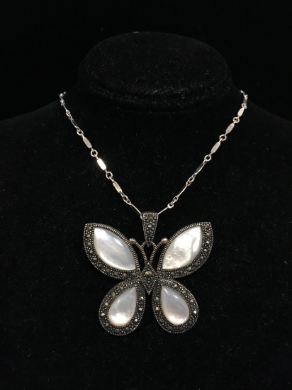 Mother of Pearl & Marcasite Sterling Silver Butterfly Pendant W/ 18" Sterling Chain