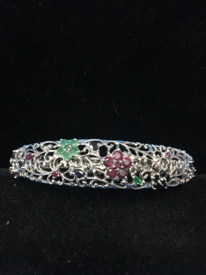 Beautiful Floral Sterling Silver Bangle Clasp Bracelet W/ Lap Created Emeralds, Rubies, & Sapphires