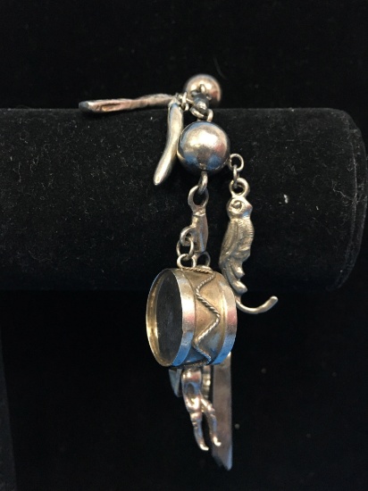 YM Taxco Sterling Silver Loaded 8" Charm Bracelet (Native Themed) - 55 Grams